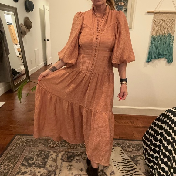 Boho Midi Dress. High neck with button detail. Desert Rose color - Picture 2 of 7